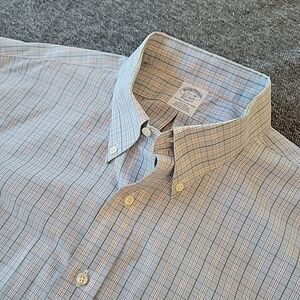 Brooks Brothers Dress Shirt Men's 17.5 38 Blue Plaid Non-Iron Supima Cotton